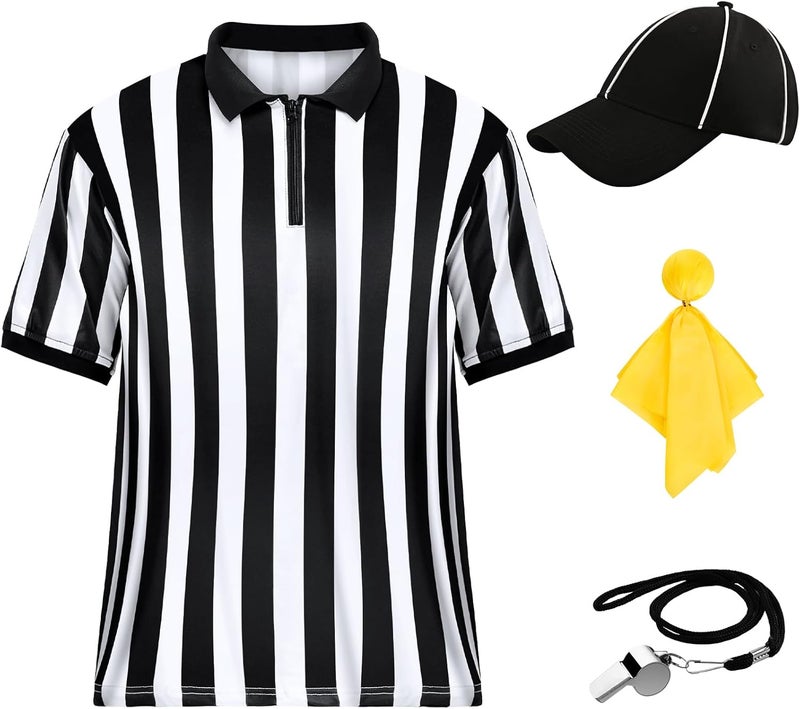 ComfyKit Men's Referee Costume Kit,Referee Shirt Stripe Umpire Jersey,Hat,Stainless Steel Whistle with Lanyard,Penalty Flag for Football Soccer Sports and Halloween Cosplay Outfits - Image 1
